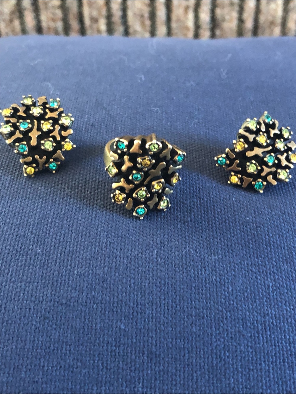 Gold-Tone Floral Cluster Ring and Earrings Set with Blue & Yellow Stones